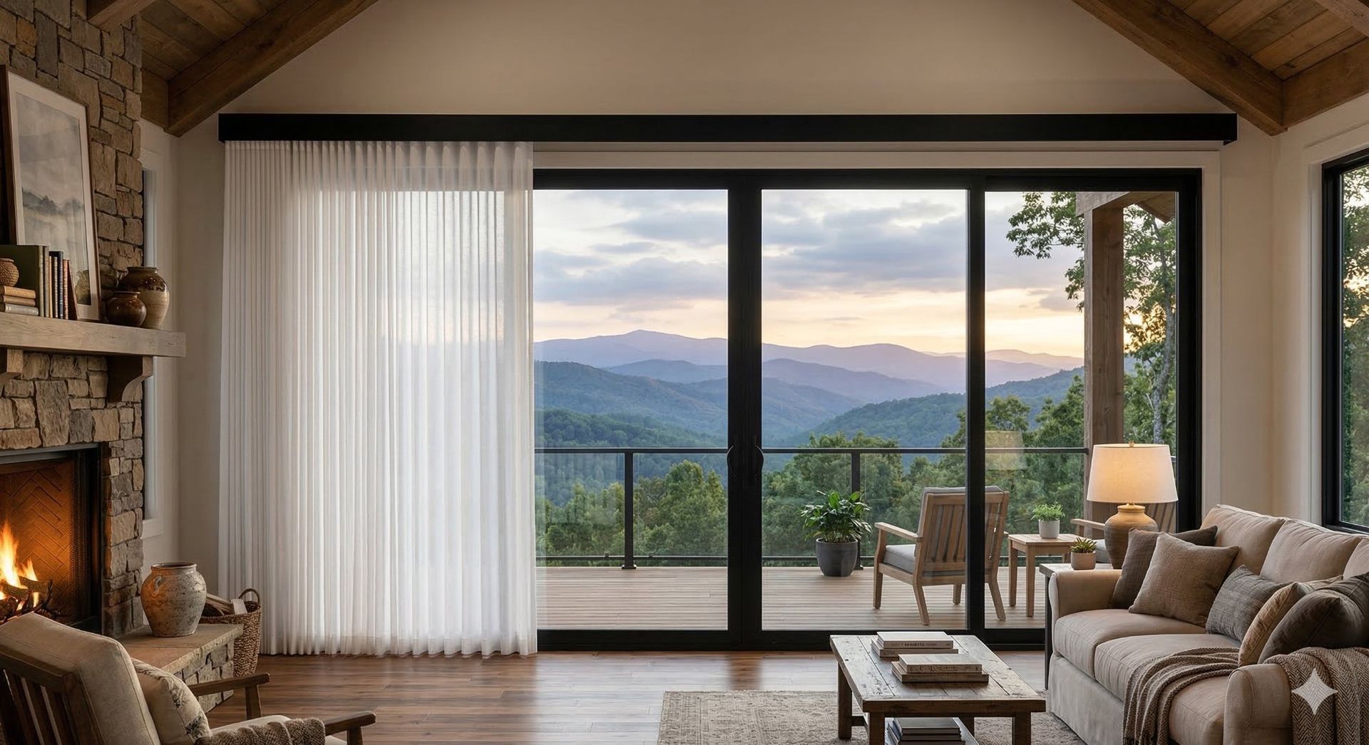 Cozy mountain-view living room with fireplace, sofa, and large windows at sunset