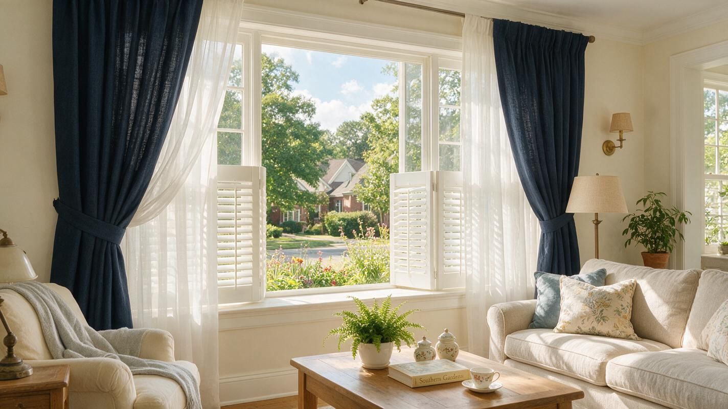 Bright living room with blue curtains, shutters, white sofa, and coffee table overlooking a garden
