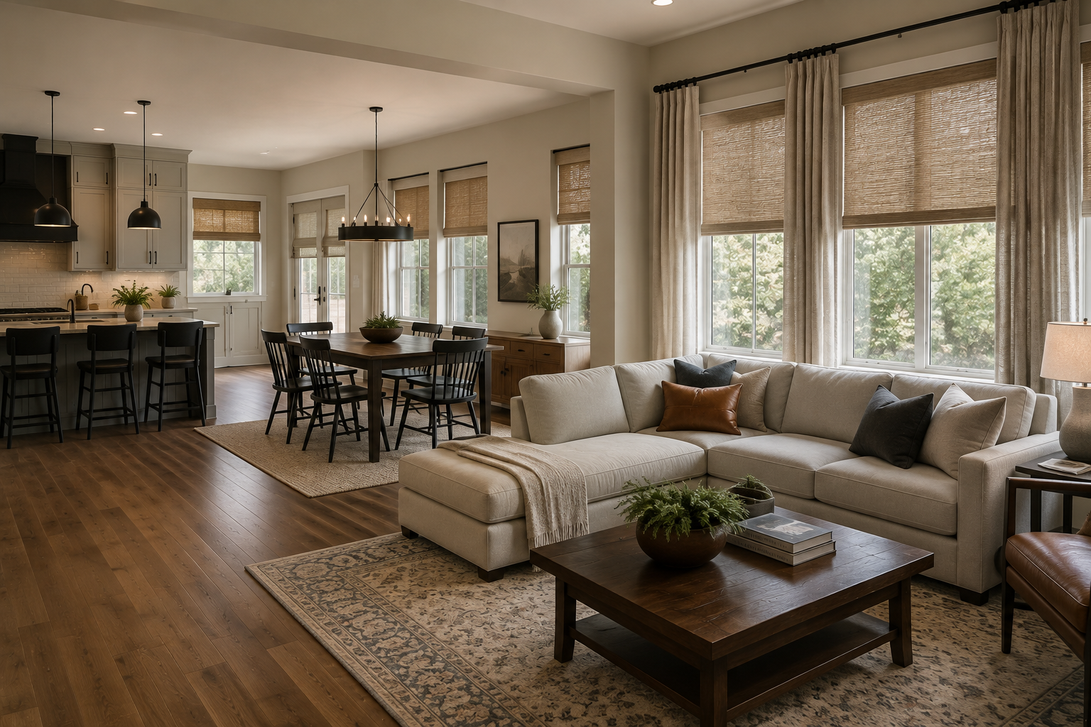 Open-concept living room with beige sectional, wooden coffee table, dining area, and large windows with woven shades