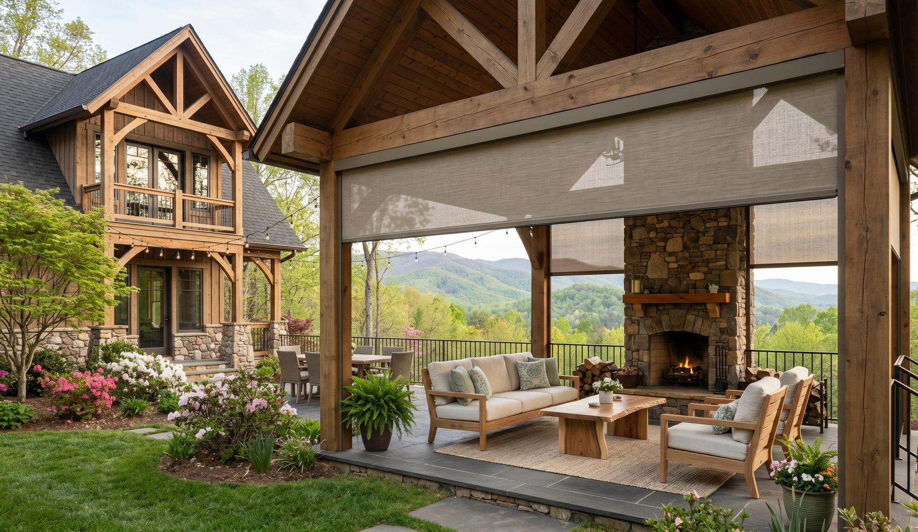 Rustic mountain lodge patio with stone fireplace, sofas, and scenic valley view