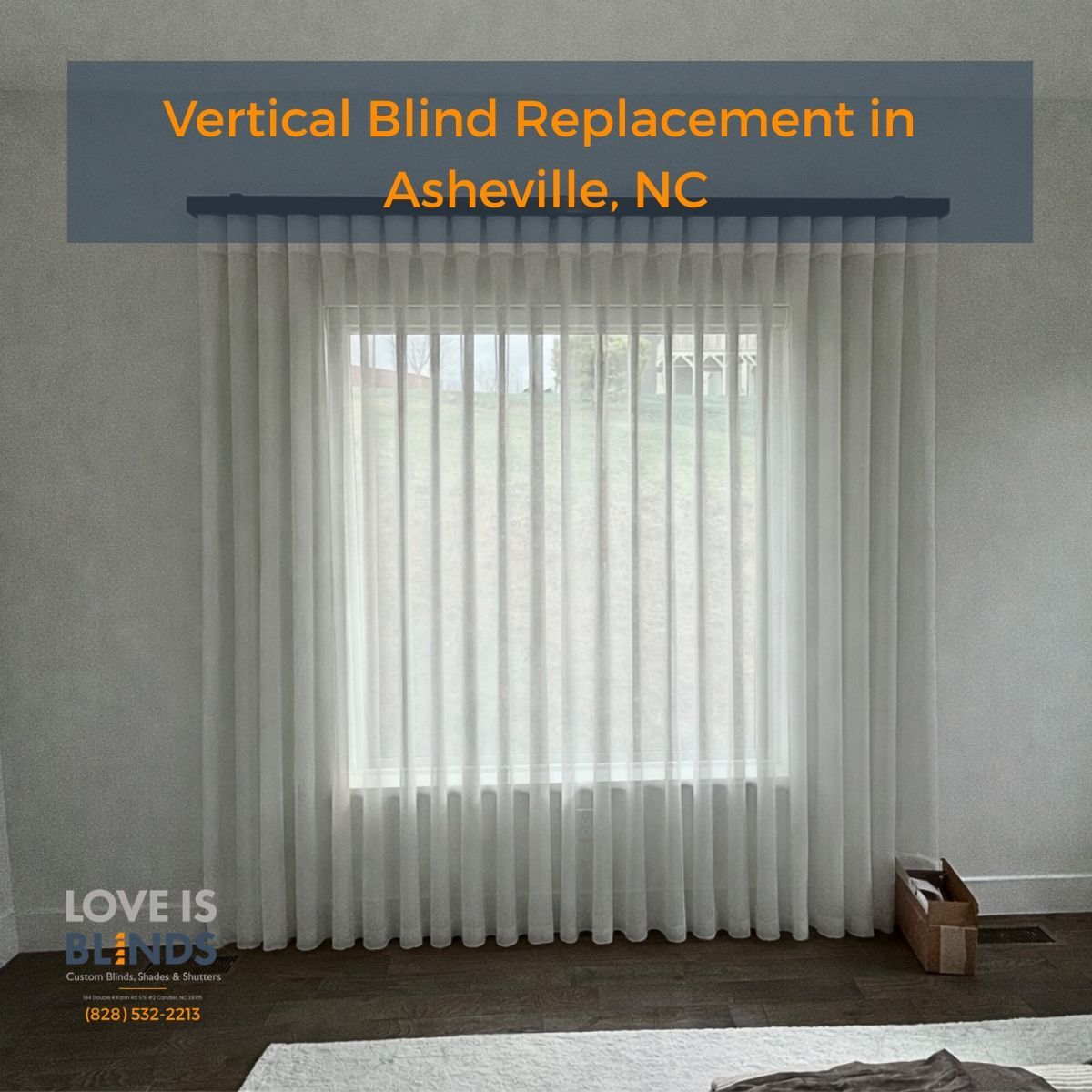 Vertical blinds installed over a bright window in a living room in Asheville, NC