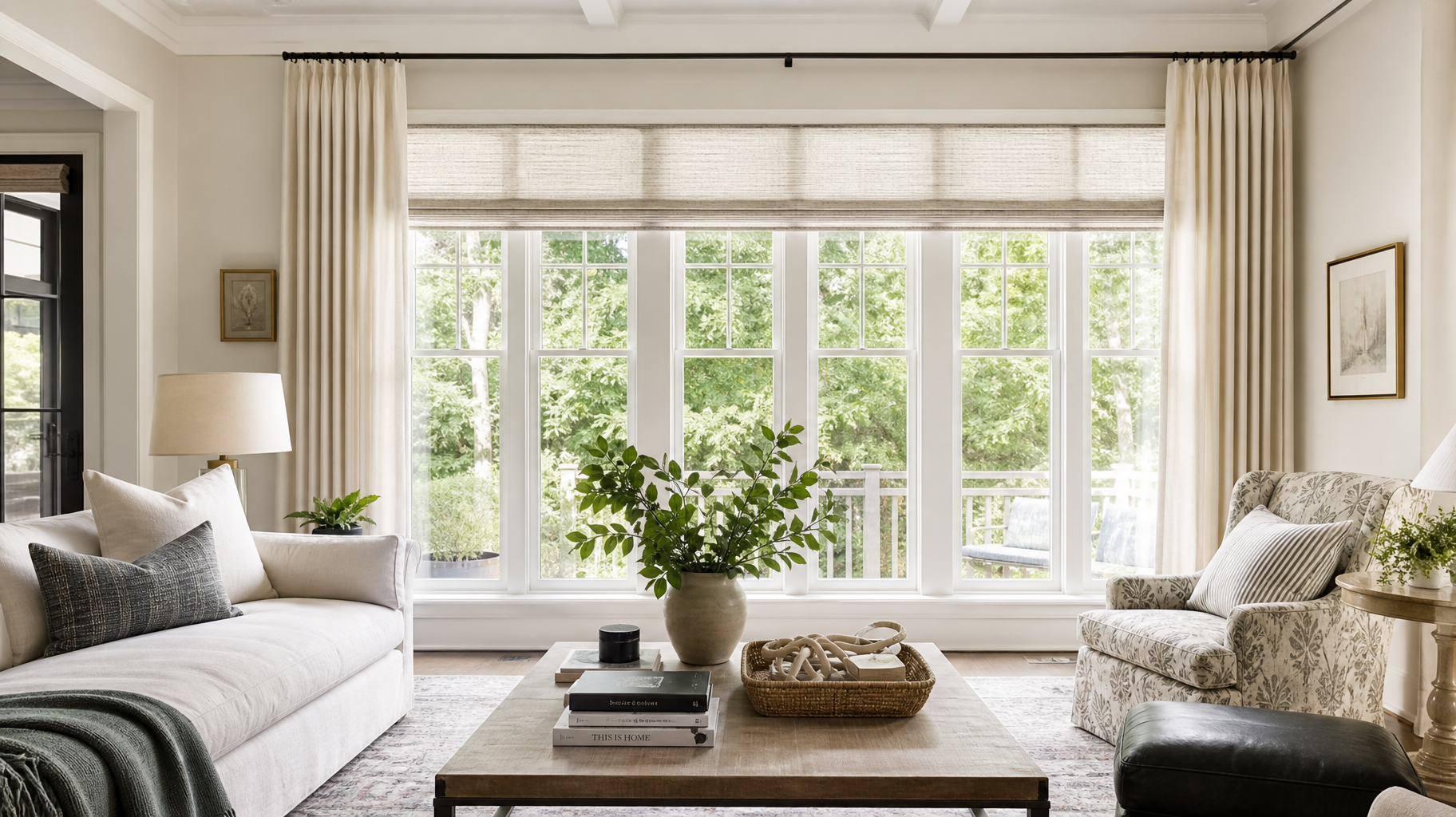 Bright living room with large windows, cream curtains, honeycomb shades, sofas, and a coffee table with a plant.