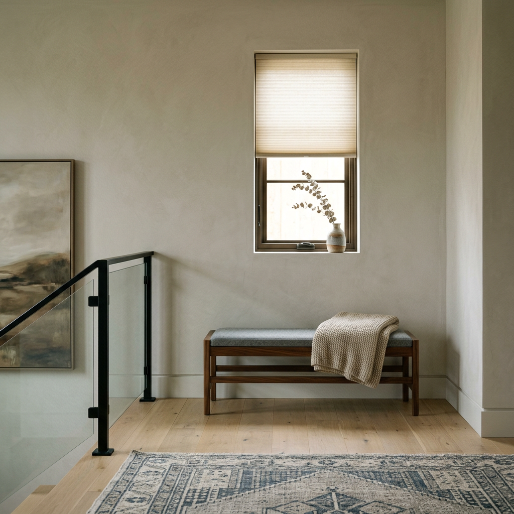Minimalist hallway with bench, black railing, patterned rug, and window with honeycomb shades.