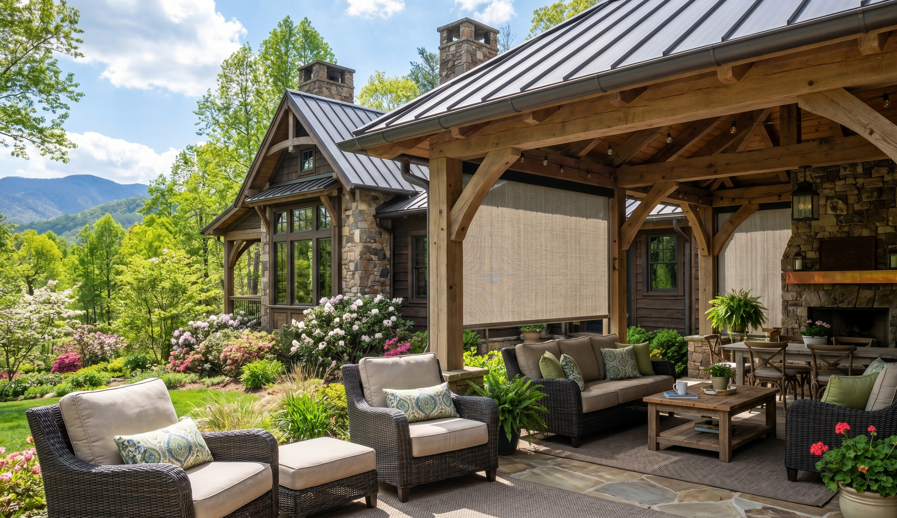 Stone patio lounge with cushioned chairs under a wooden pergola, overlooking mountains and flowers