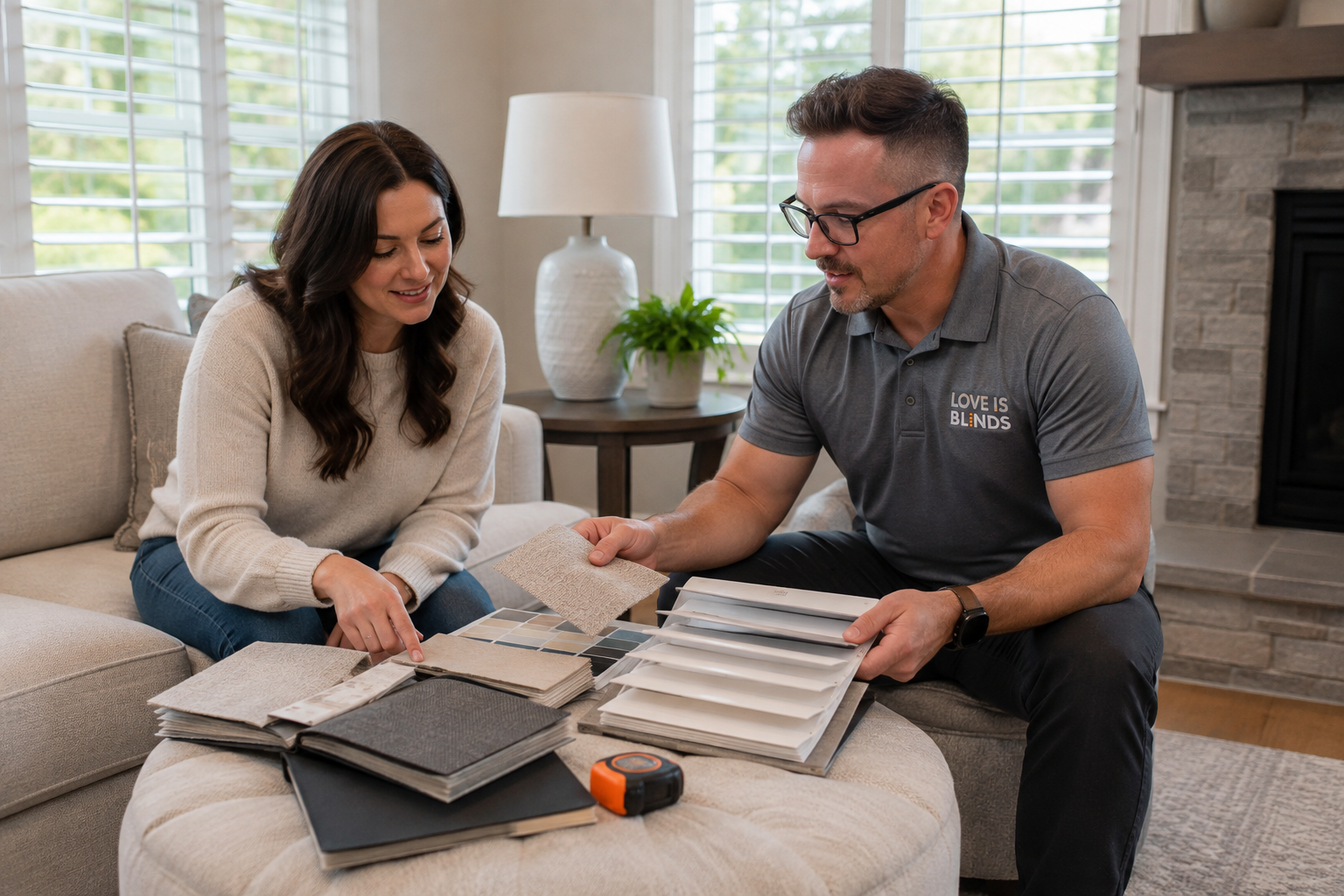 Matt of Loveis Blinds NC and a client review flooring samples on a sofa in a bright living room