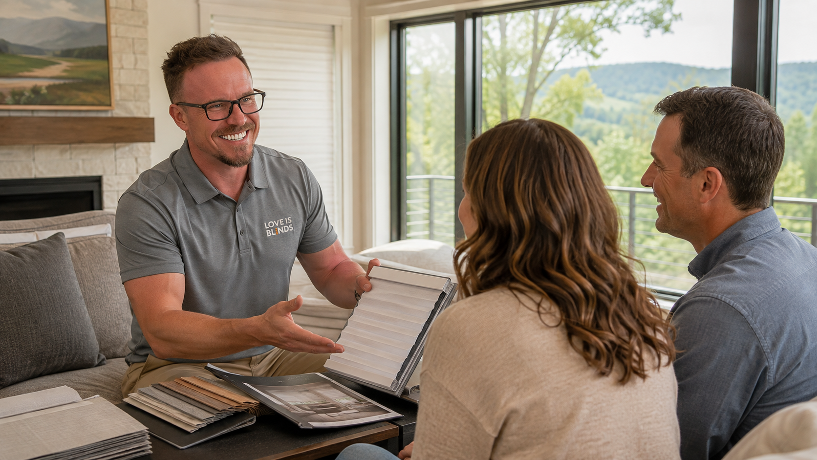 Matt from Love is Blinds shows window treatment samples to two seated clients in a bright living room with mountain view