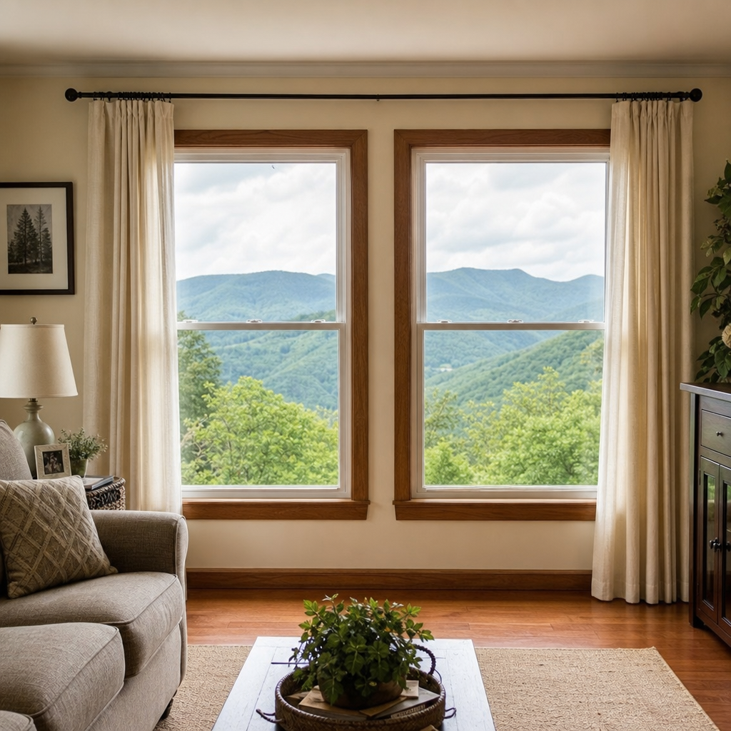 Cozy living room with a sofa, coffee table plant, and large windows with drapes.