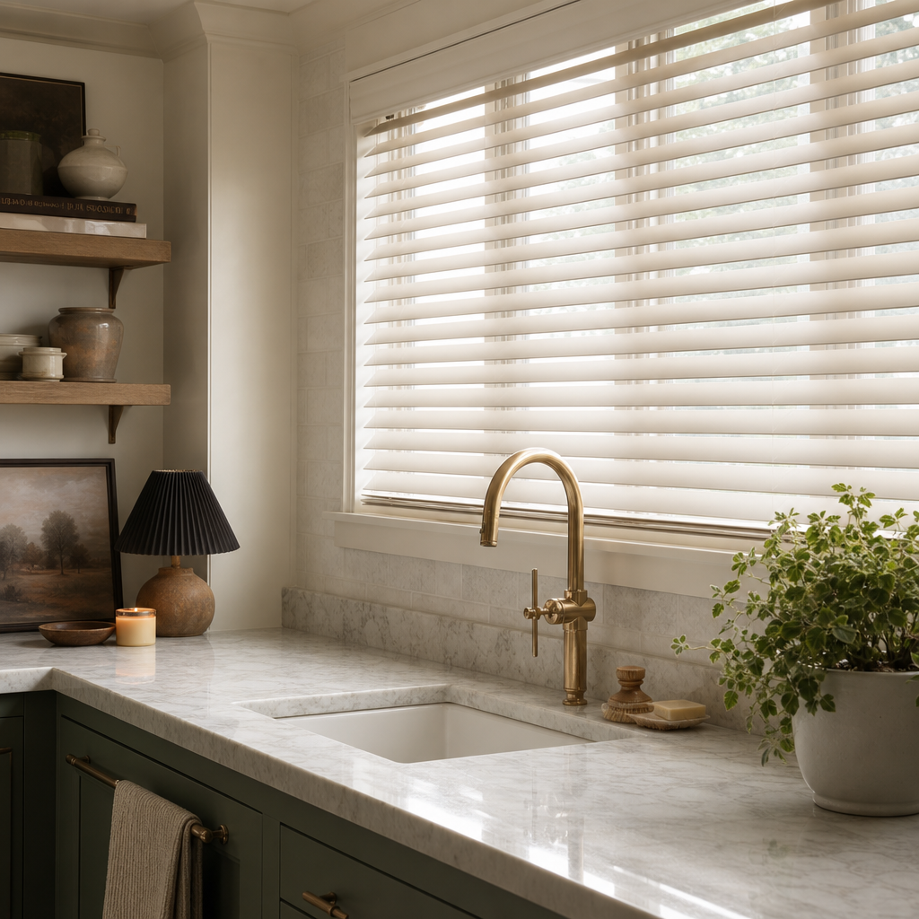Bright kitchen with a marble sink, brass faucet, white wood blinds, and a potted plant on the counter