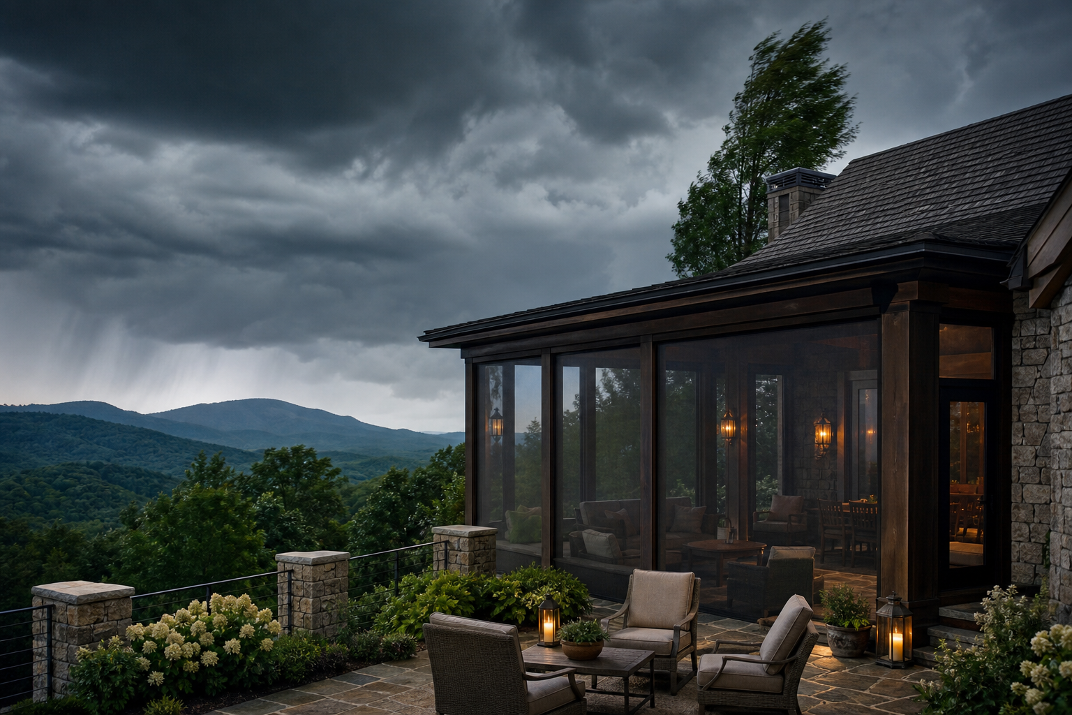 Cozy cabin patio with outdoor patio shades at dusk with lit windows, stone seating, and storm clouds over distant mountains