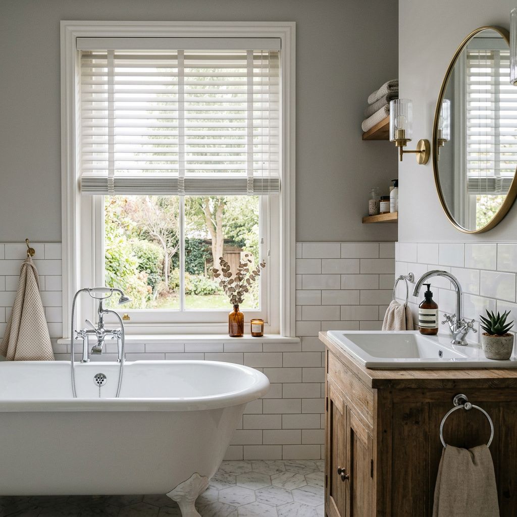 Bright modern bathroom with a freestanding tub, white tile, wood vanity, and faux wood blinds on a window