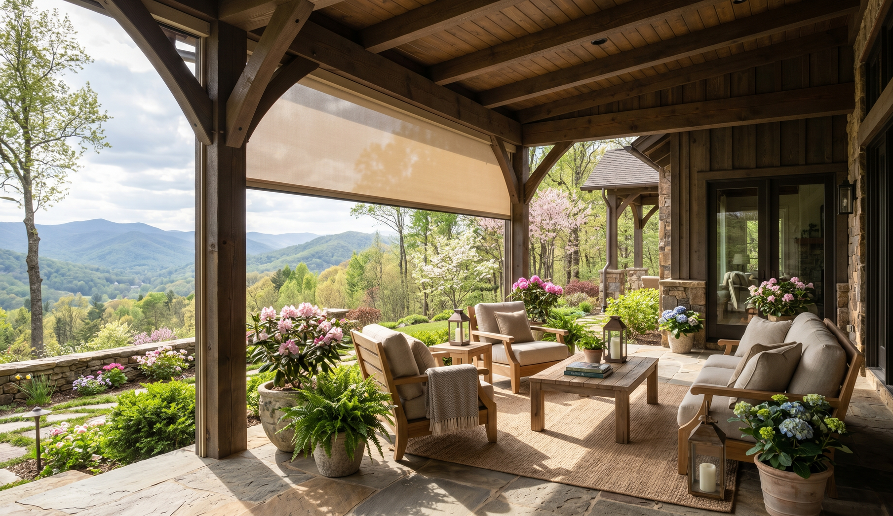 Covered rustic porch with wicker seating, potted plants, and mountain view beyond the open railing