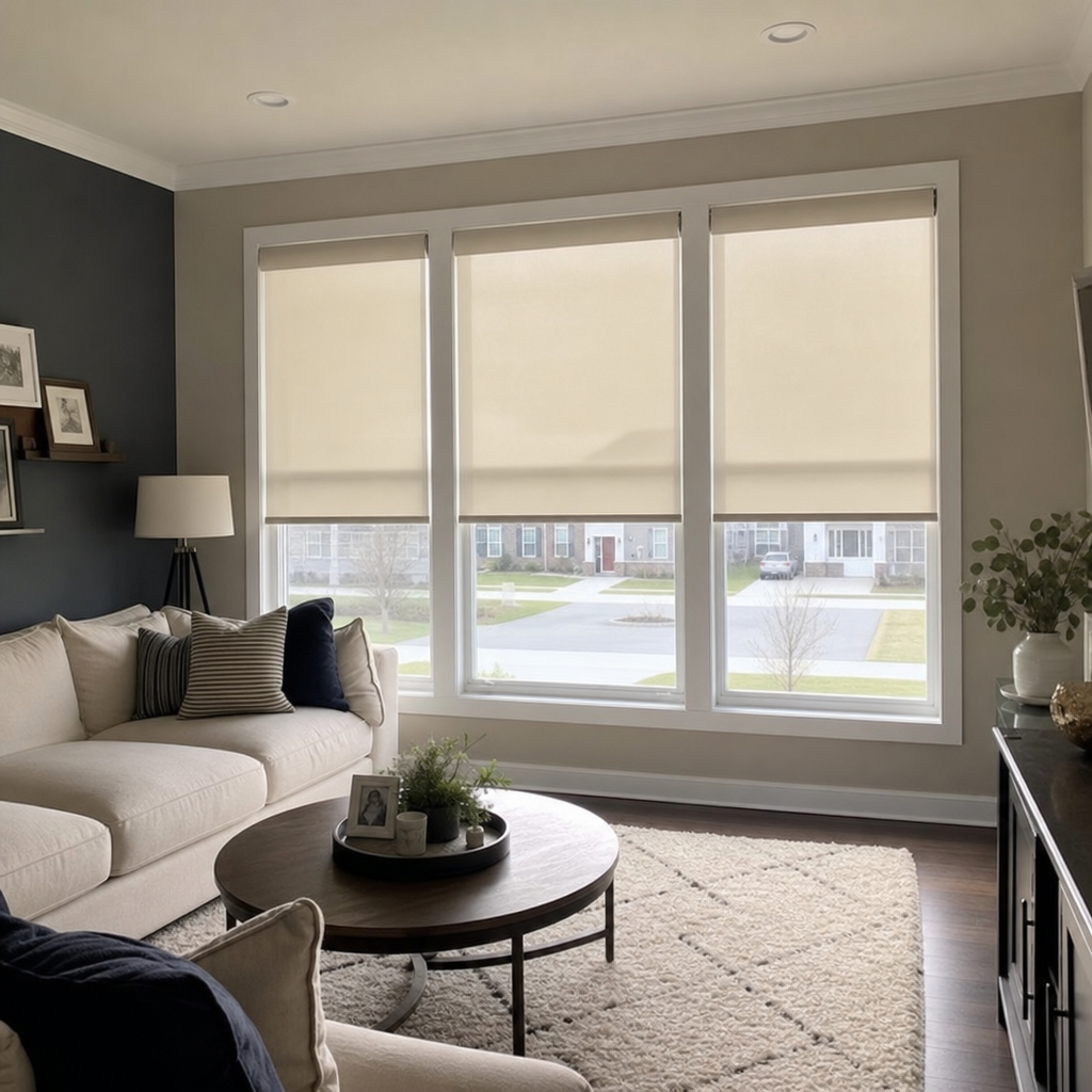 Bright living room with beige sofa, round coffee table, dark walls, and large windows with roller shades