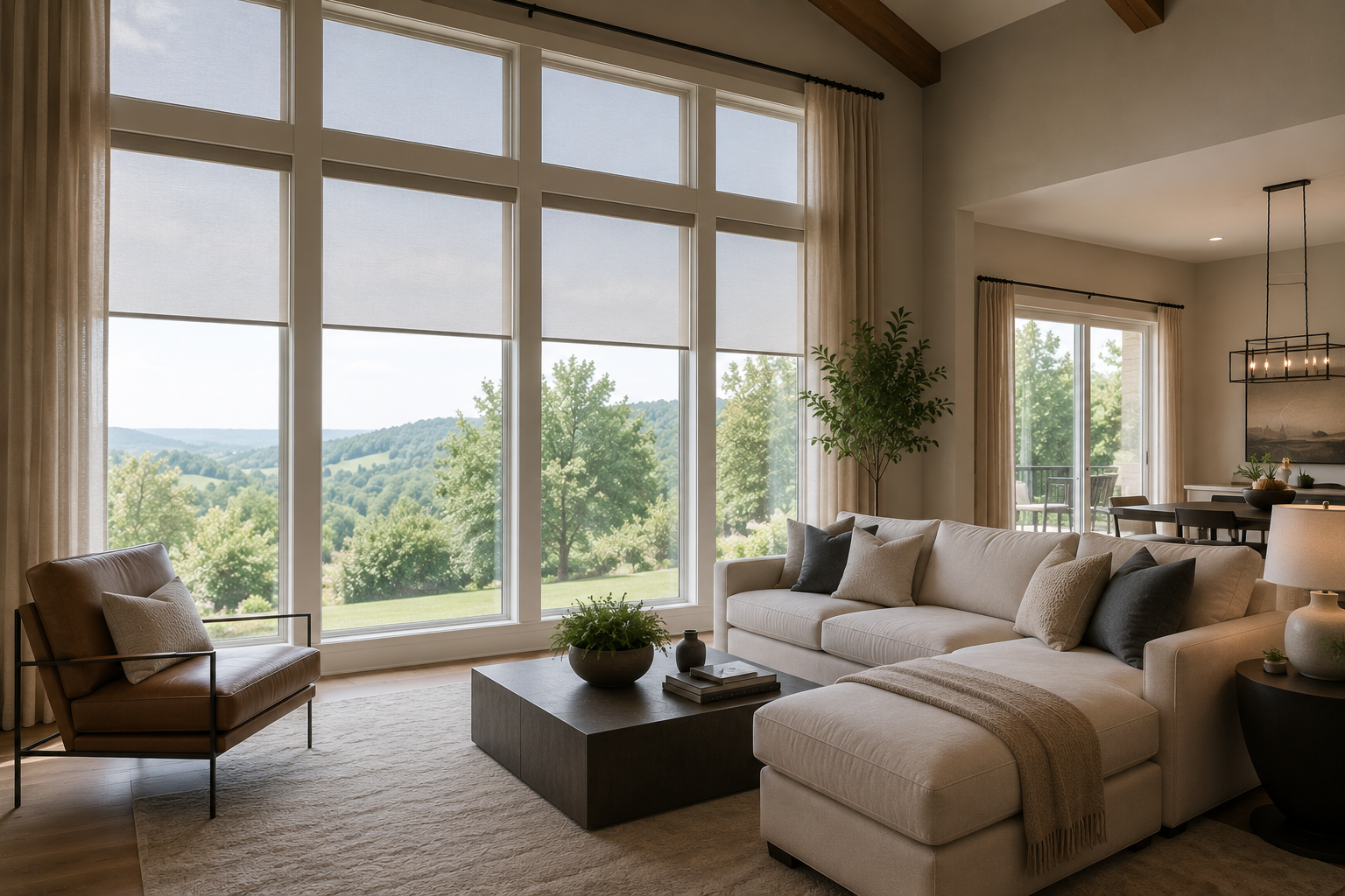 Bright living room with large windows with solar shades, beige sectional sofa, and scenic green mountain view