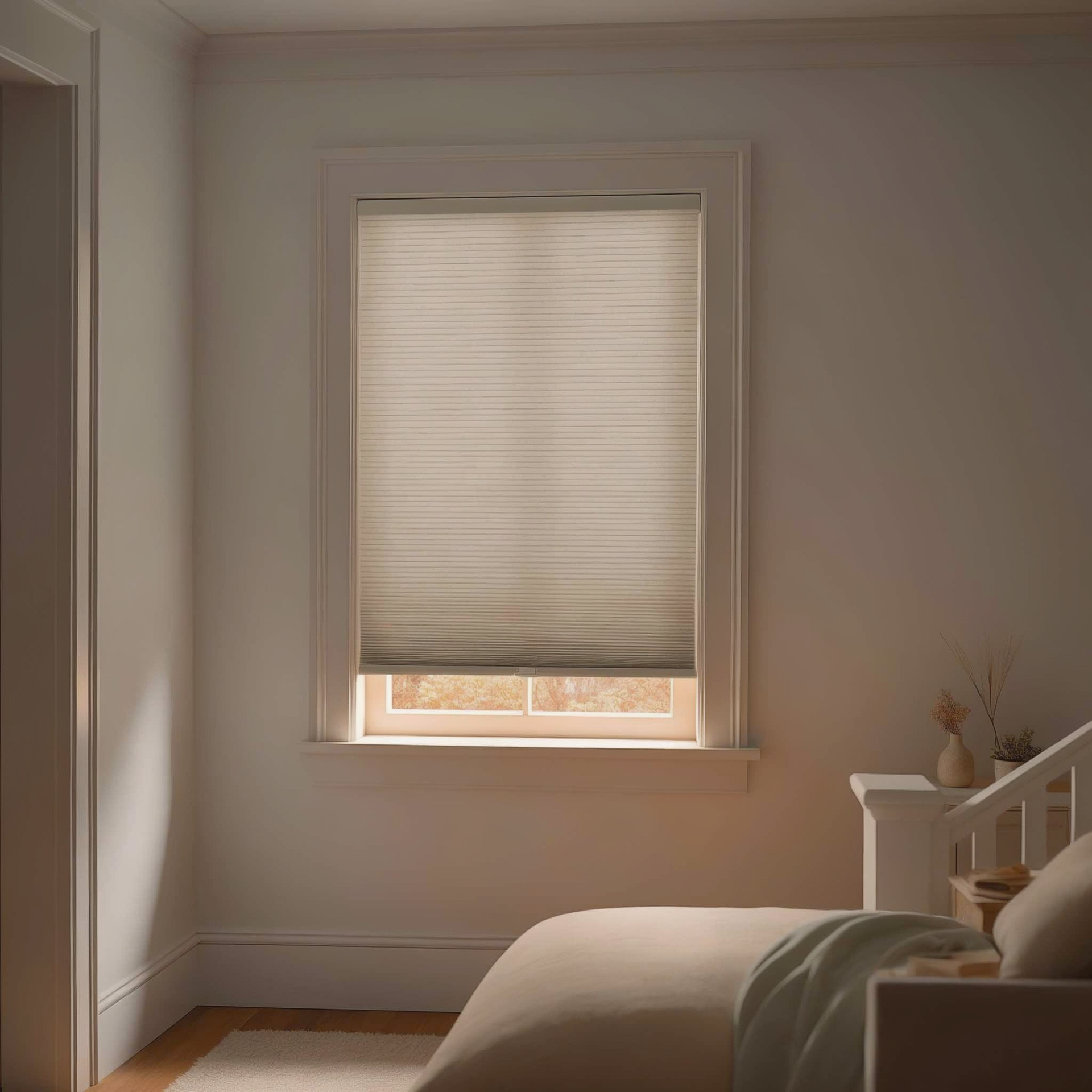 Minimal bedroom with a window, closed honeycomb shades, and a bed in soft neutral tones.