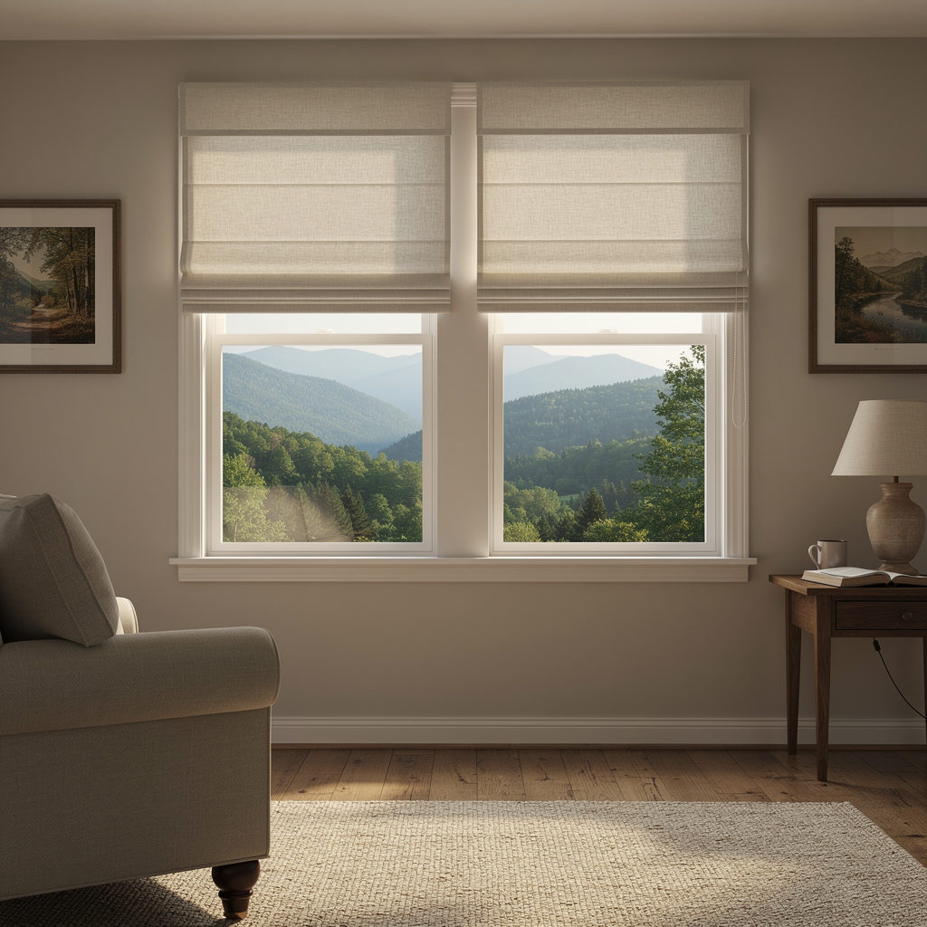 Sunlit living room with a sofa, side table, roman shades, and window seat overlooking green mountains