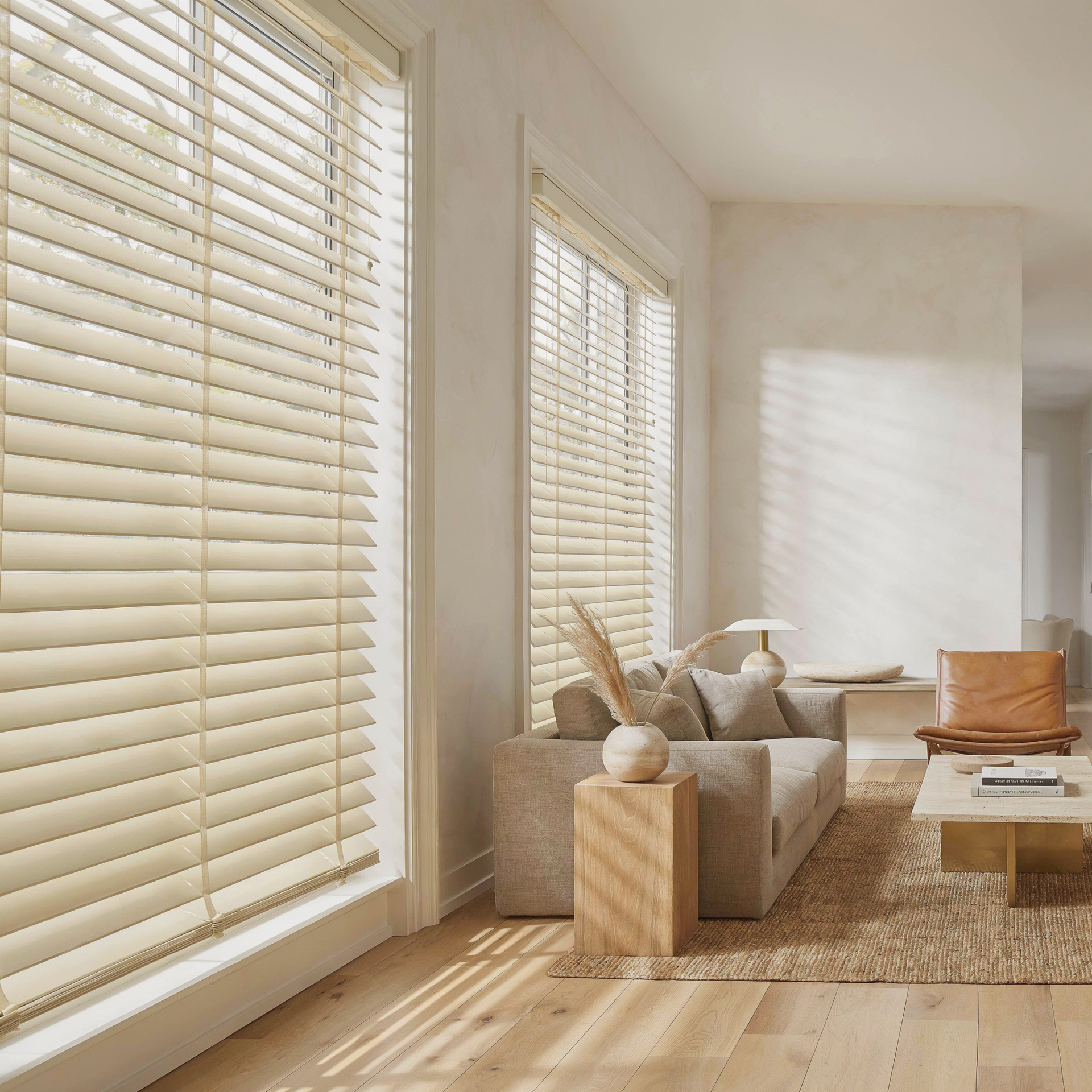 Bright beige living room with large wood blinds, a sofa, rug, coffee table, and soft sunlight on the floor