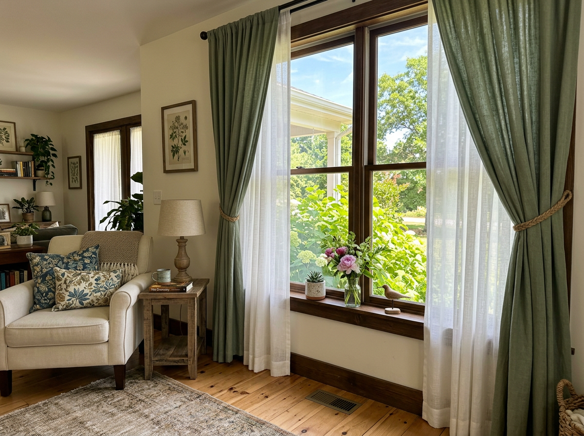 Cozy living room with beige armchair, lamp, patterned rug, and large window with green curtains