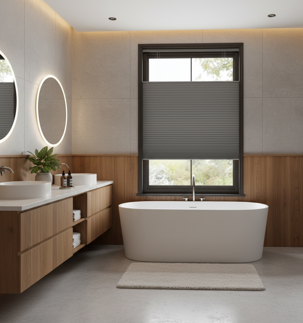 Modern bathroom with freestanding tub, vanity, and a window with top-down bottom-up shades.