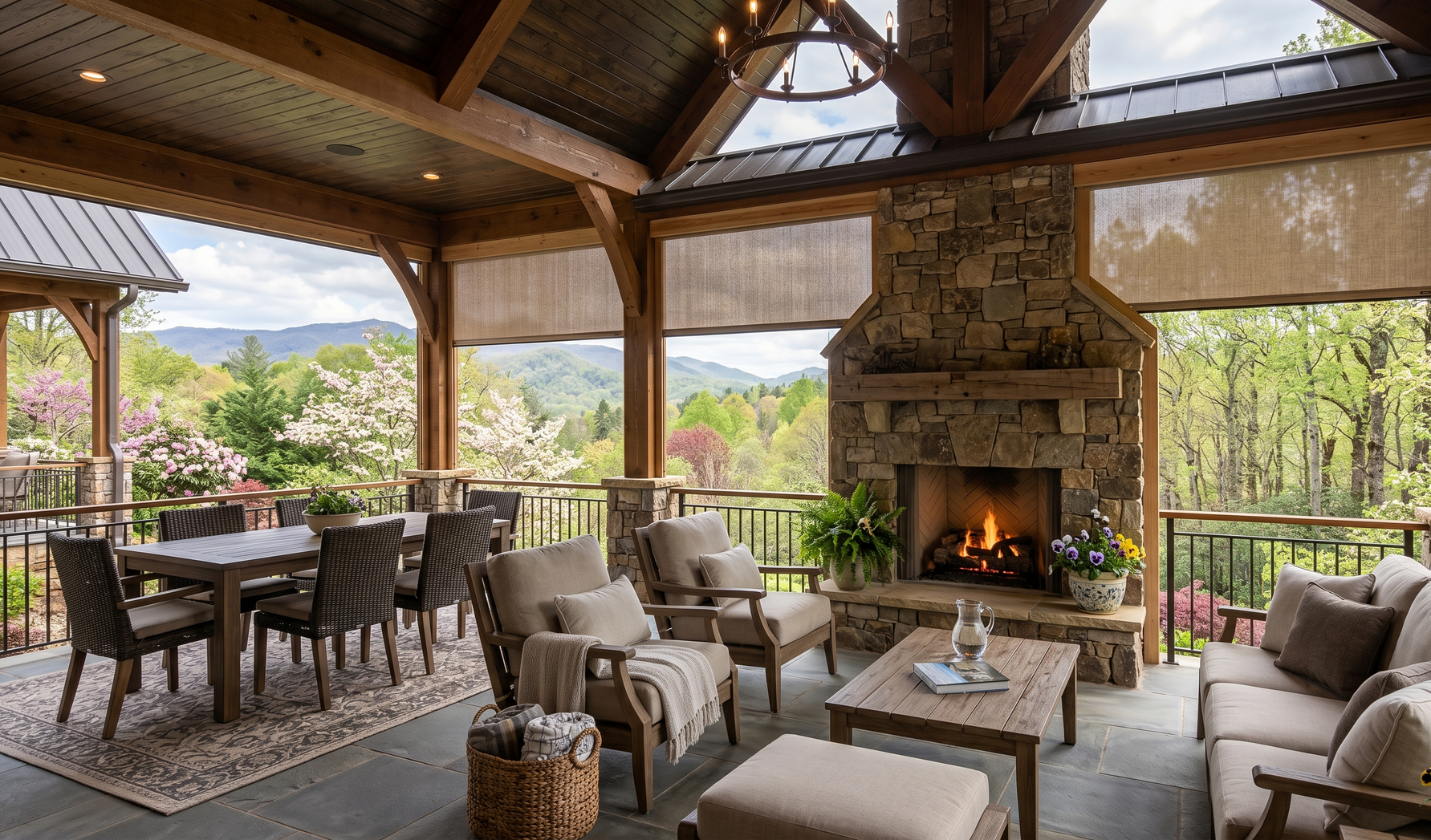 Cozy outdoor patio lounge with stone fireplace, wicker chairs, and mountain views