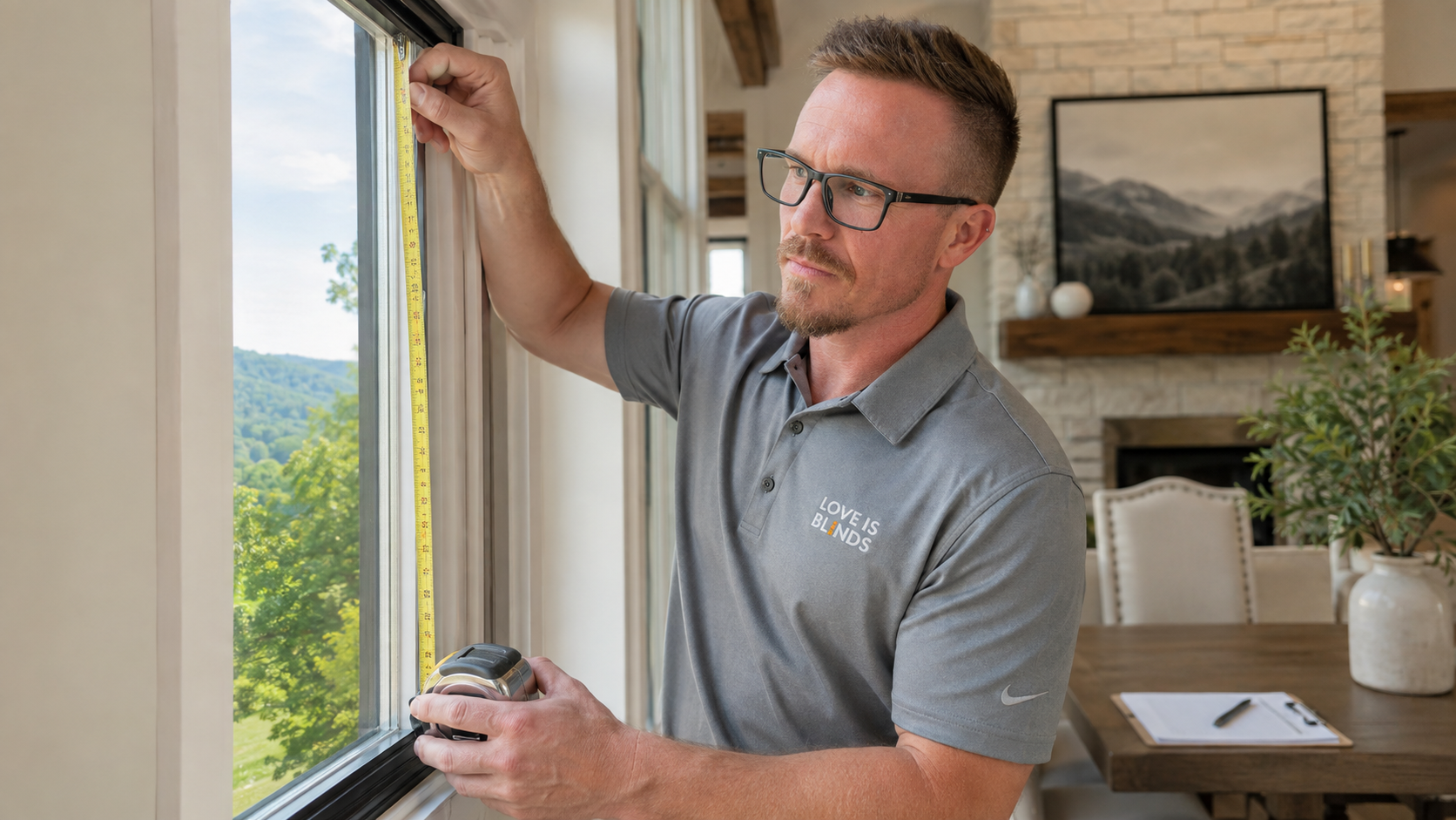 Matt of Love is Blinds NC is measuring a window indoors with a tape measure near a bright living room.