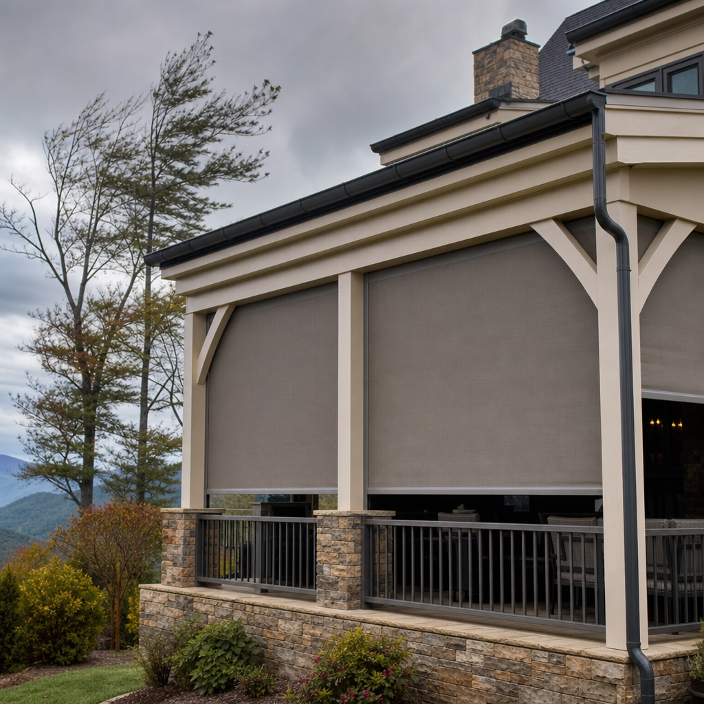 Outdoor patio with beige roll-down shades, stone columns, and railing beside a mountain view
