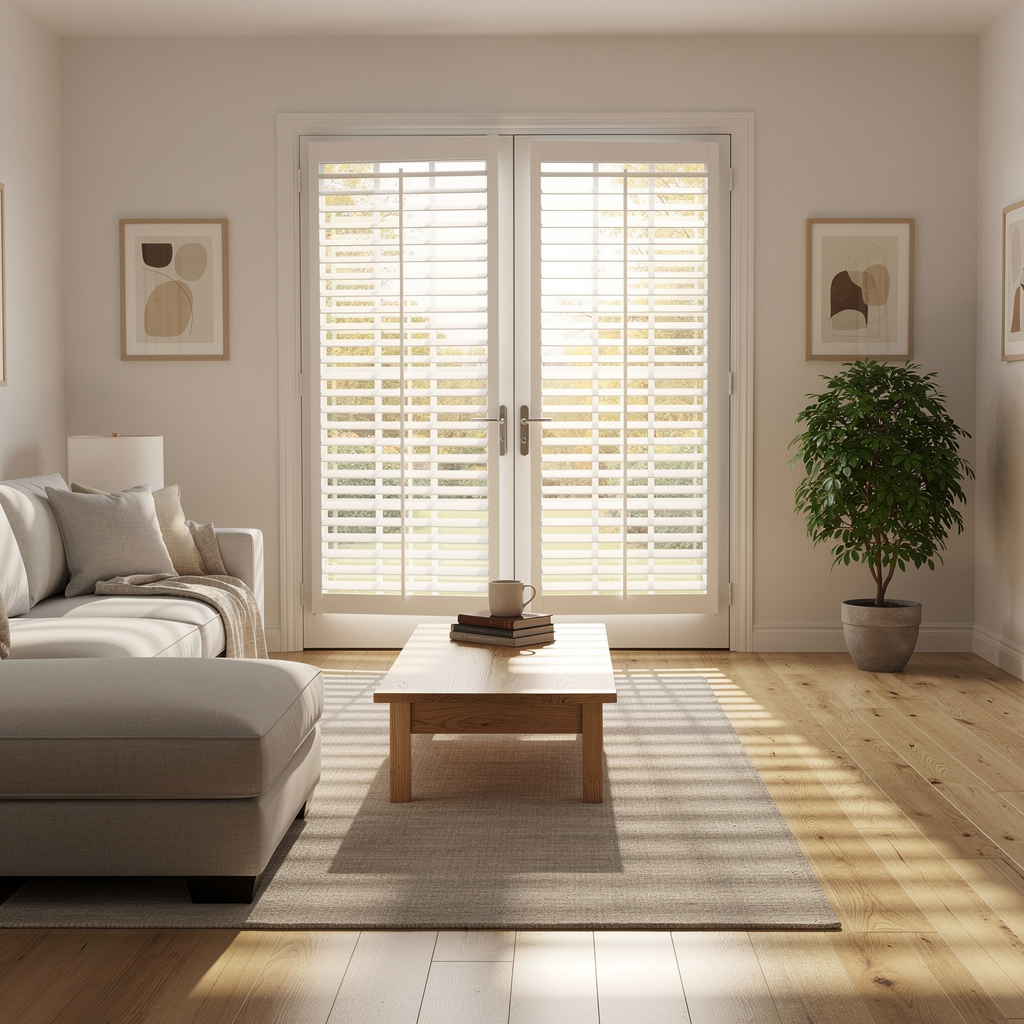 Bright minimalist living room with white sofa, coffee table, rug, shuttered doors, and potted plant.