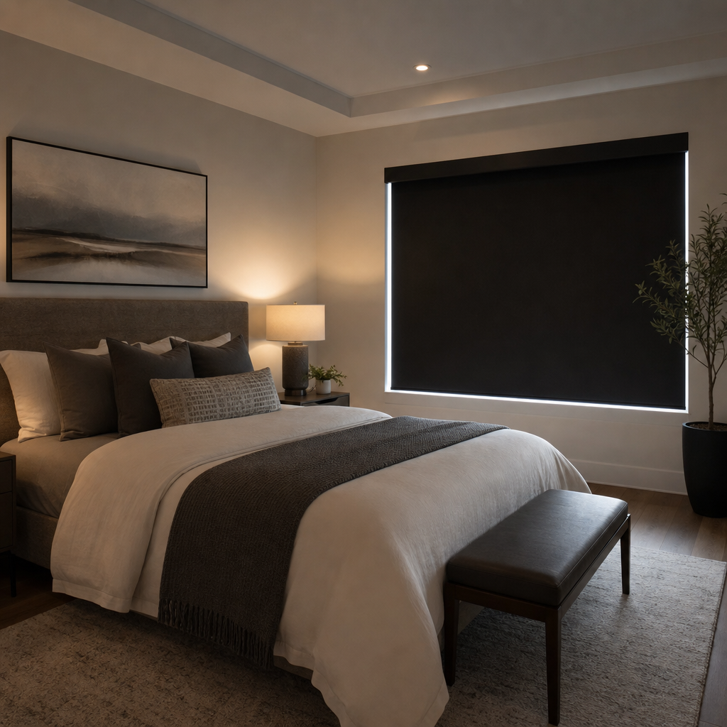 Modern bedroom with a bed, bedside lamp, bench, wall art, and a large window with blackout roller shades.