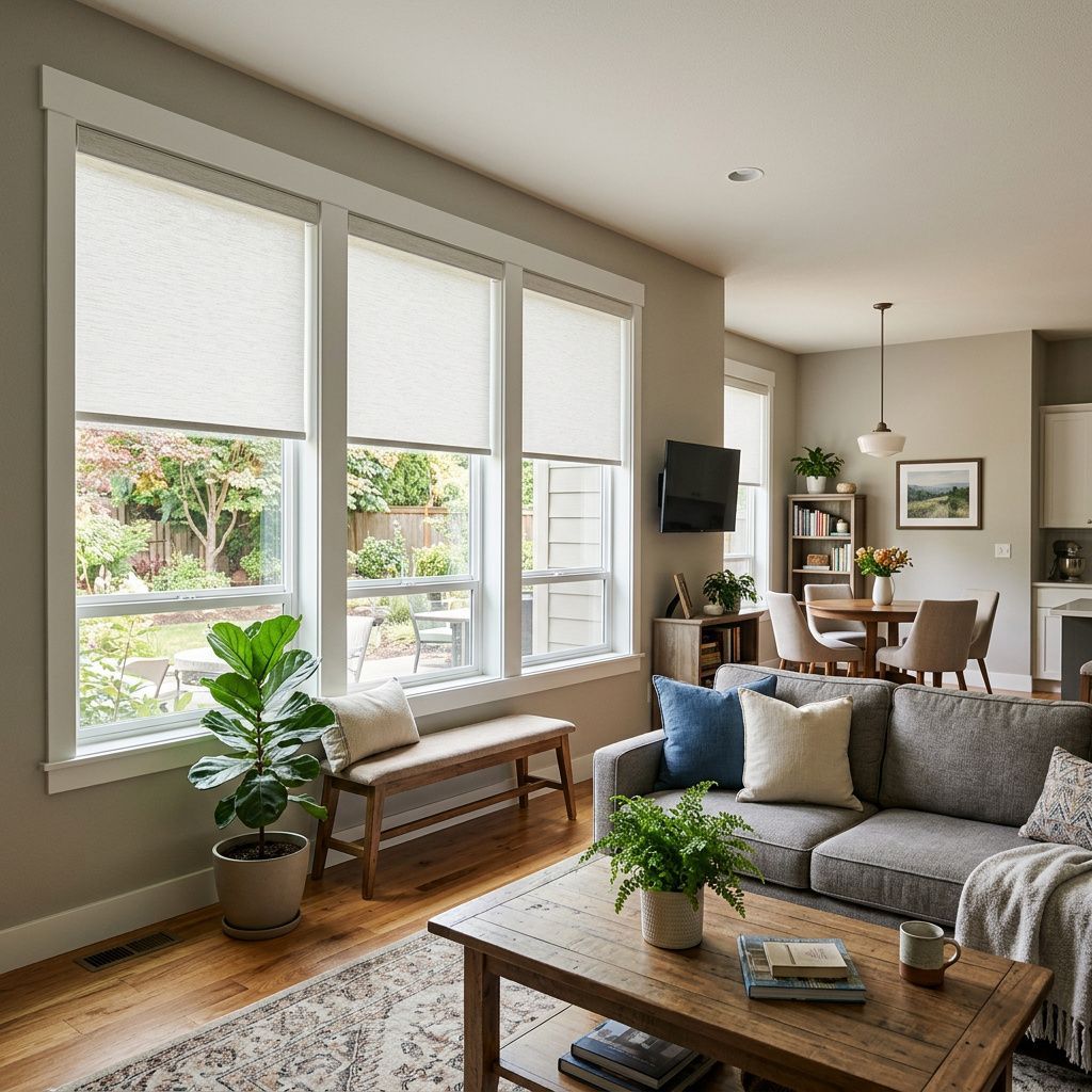 Bright living room with large windows, roller shades, wooden coffee table, plants, and dining area beyond