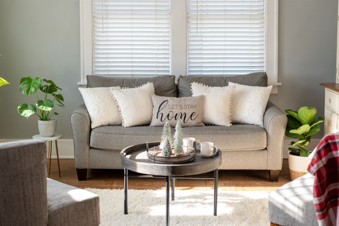 Bright living room with beige sofa, coffee table, plants, and sunlight through blinds