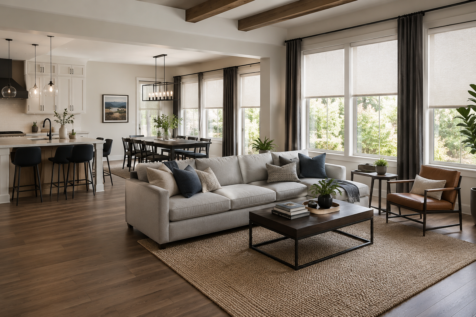 Bright open-plan living room with gray sofa, coffee table, dining area, and large windows letting in natural light