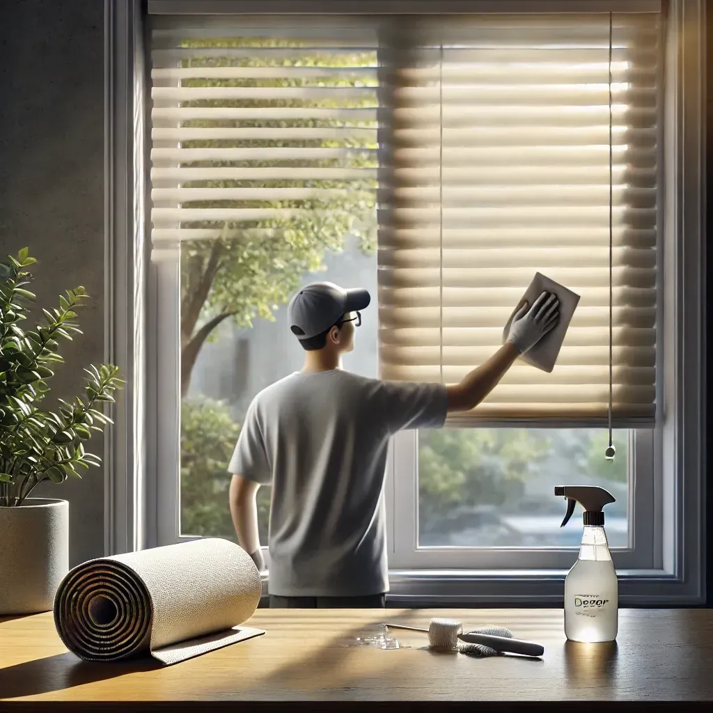 Person cleaning a sunlit window with blinds, spray bottle and cloth on a wooden table.