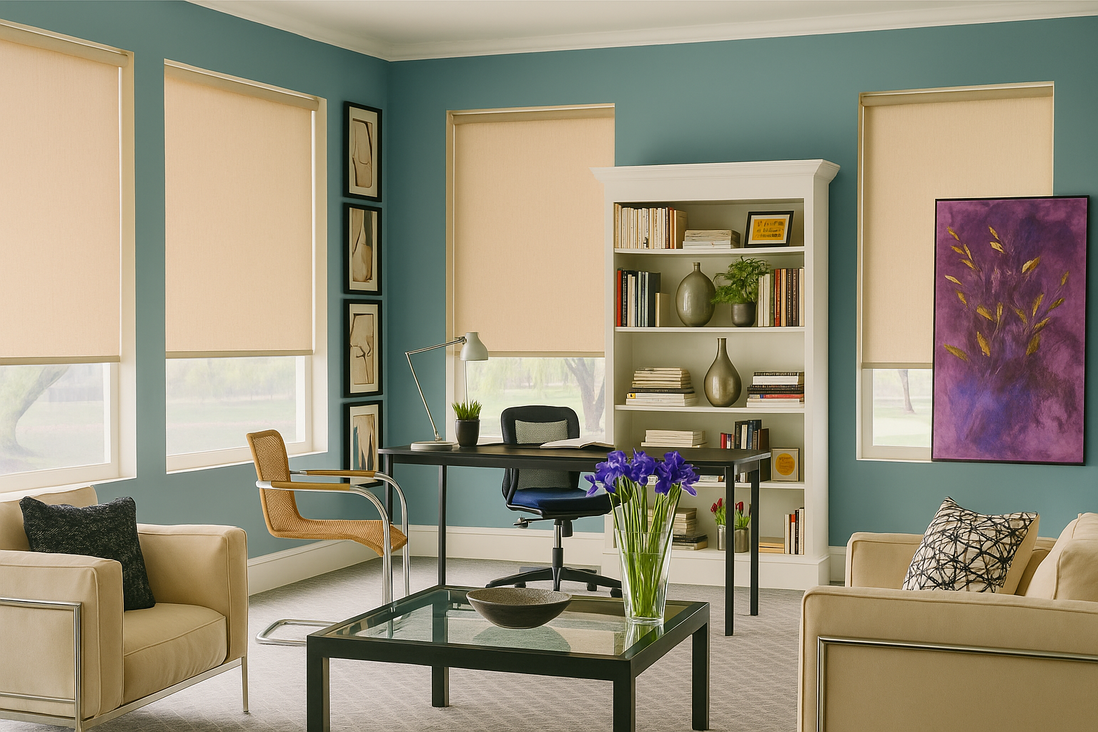 Bright living room with teal walls, beige furniture, large windows, and a white bookshelf with decor.