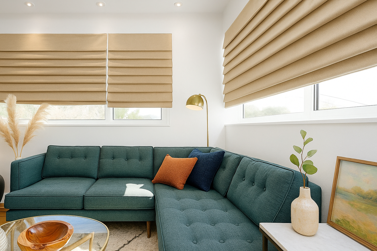 Bright living room with teal sectional sofa, beige blinds, gold lamp, and small plants.