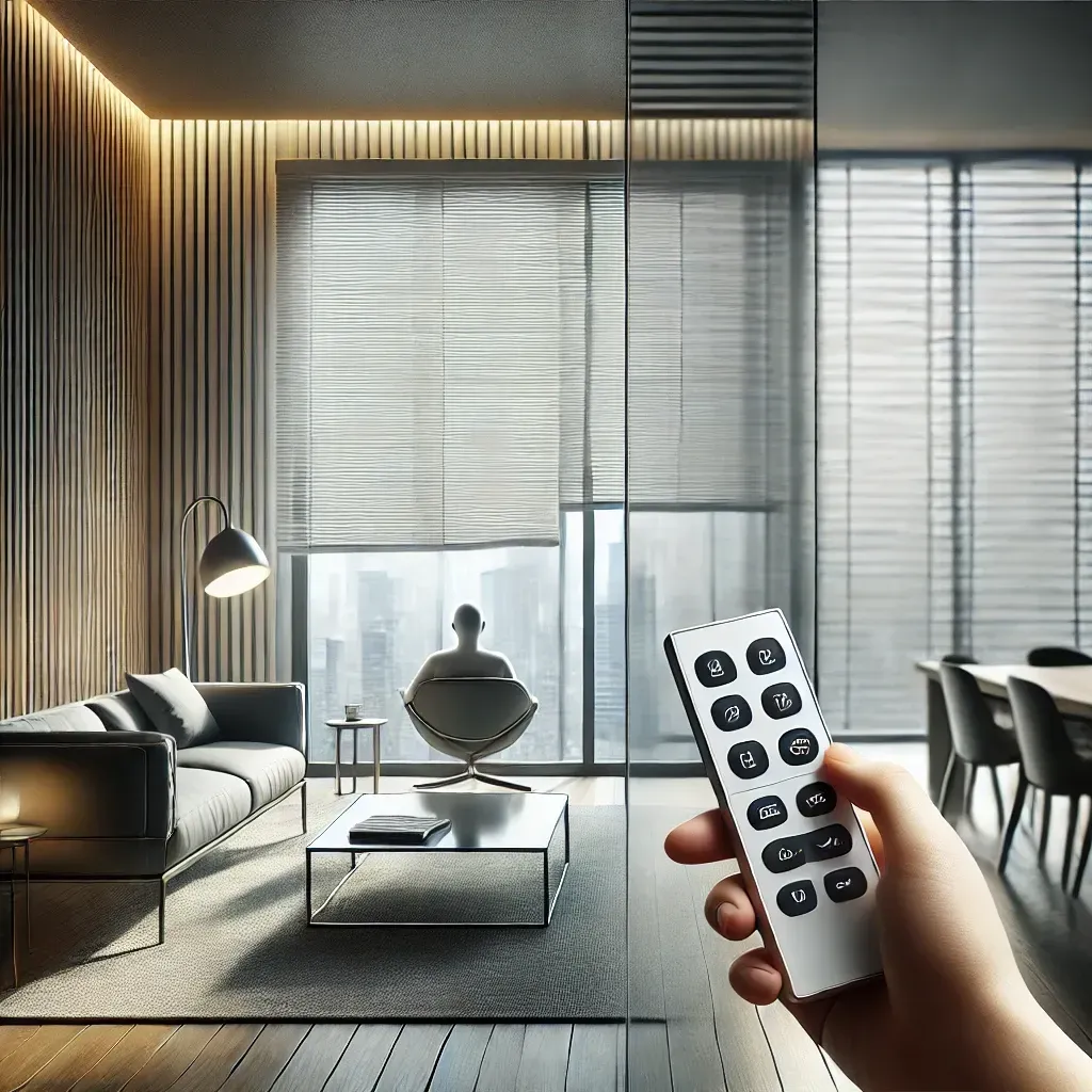 Hand holding a remote in a modern living room with floor-to-ceiling windows and a sofa