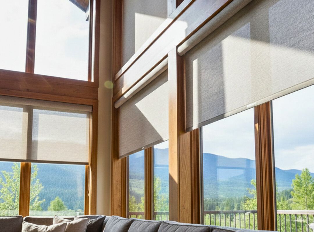 Sunlit living room with large windows overlooking mountains and a green valley