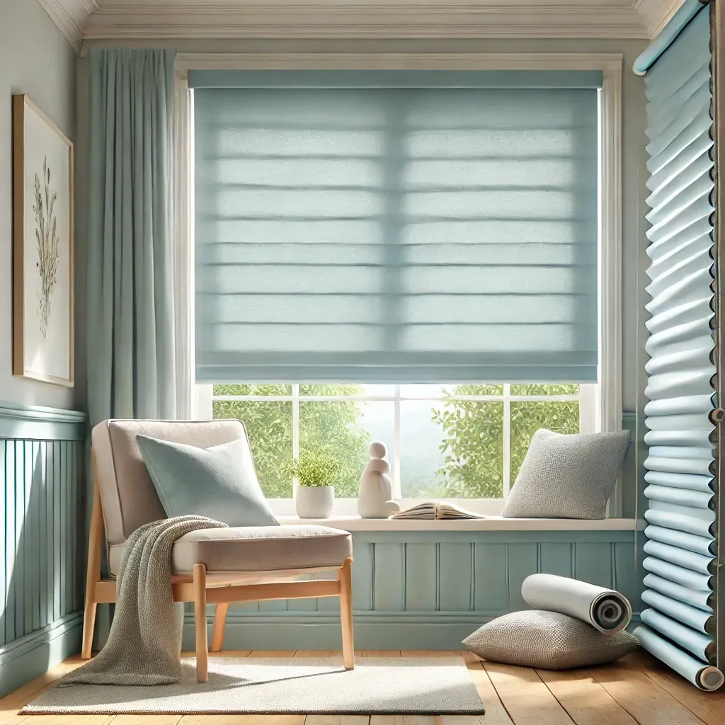 Cozy reading nook with a chair, window seat, blue blinds, cushions, and soft natural light