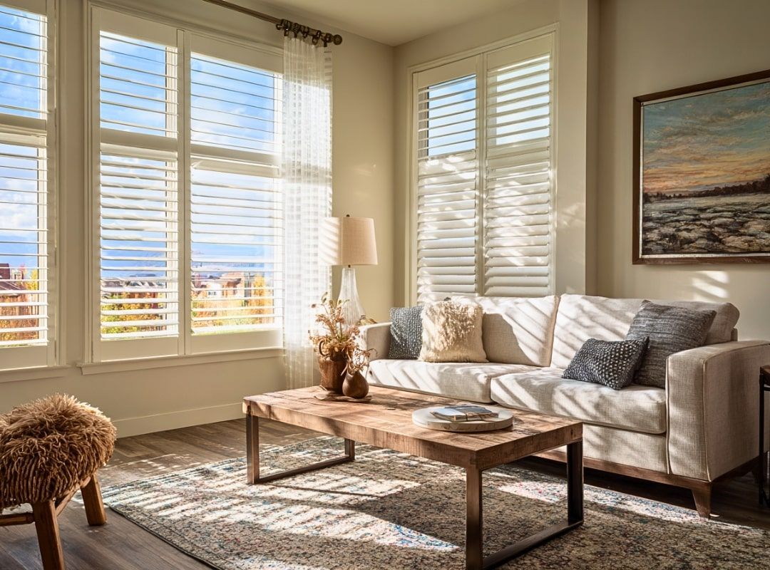 Bright living room with large windows, beige sofa, wooden coffee table, rug, and ocean view beyond the blinds