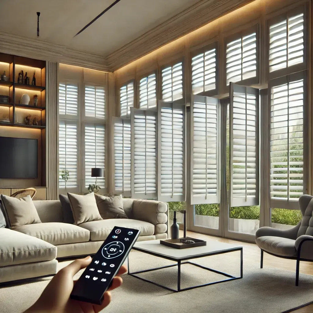 Bright living room with large windows, sofa, coffee table, and a hand holding a TV remote.