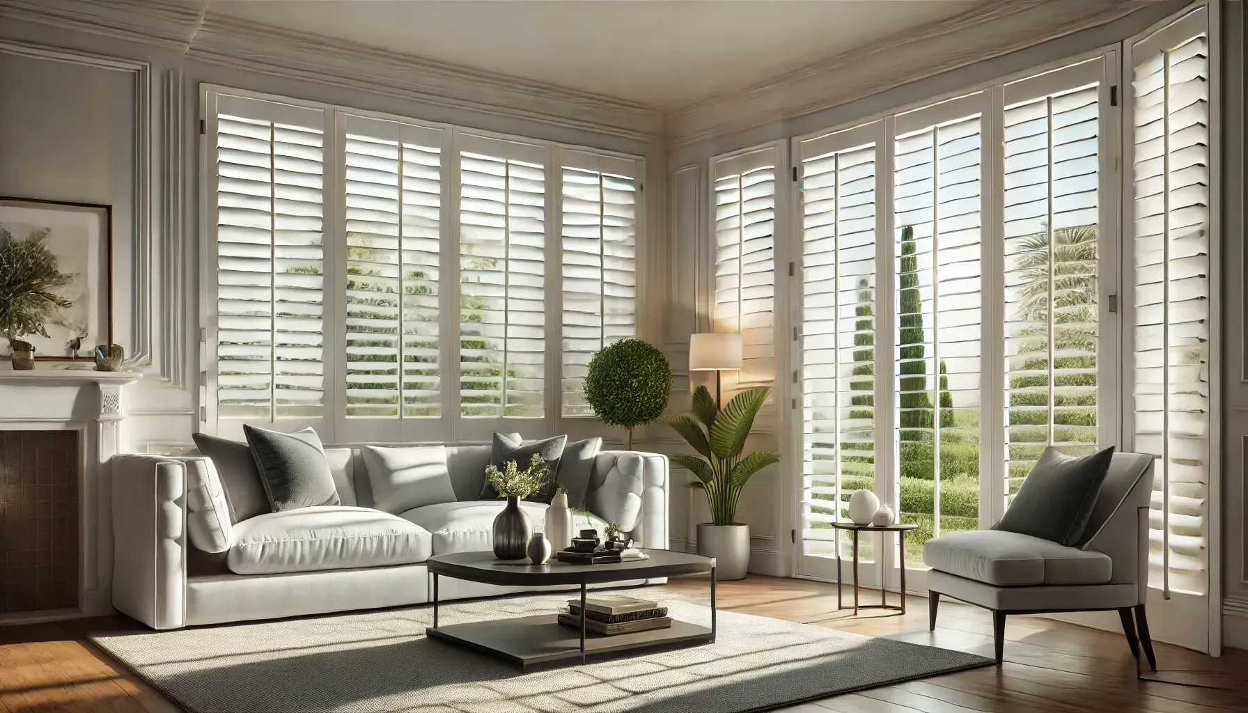 Bright living room with white shutters, gray sofas, and indoor plants around a coffee table.