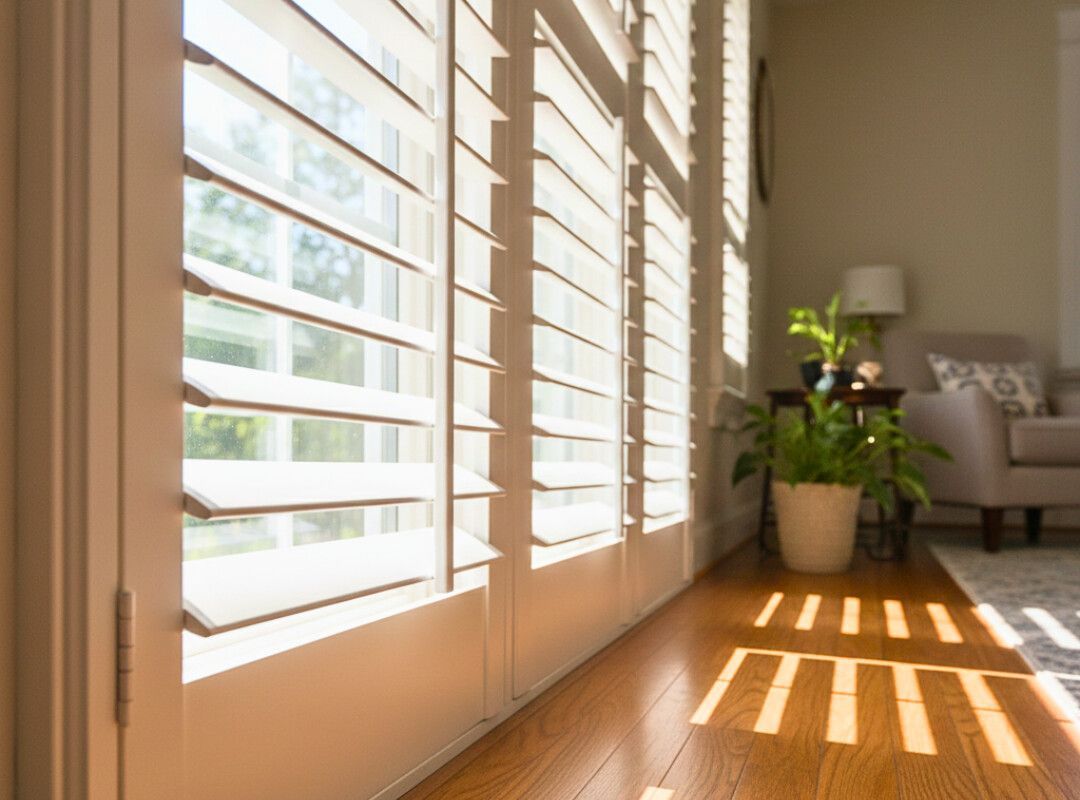 Sunlit room with white shutters, hardwood floor, potted plants, and a sofa in the corner