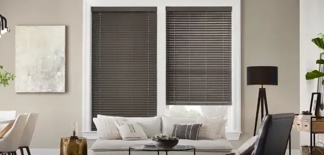 Bright living room with sofa, coffee table, floor lamp, wall art, and two dark window blinds