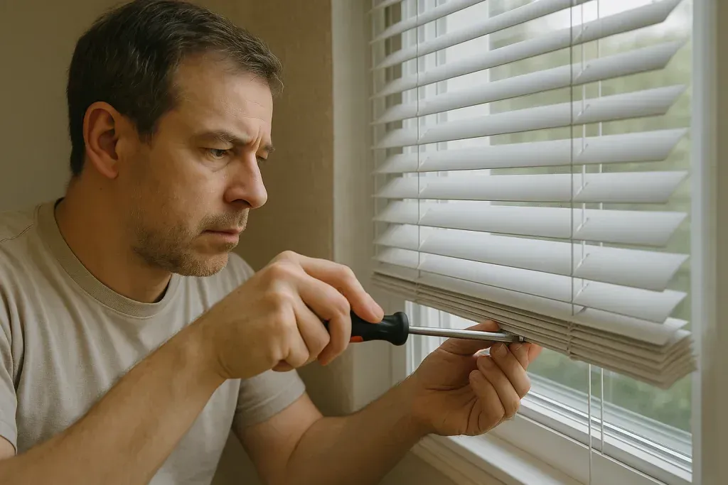Man adjusting window blinds with a screwdriver beside a sunlit window