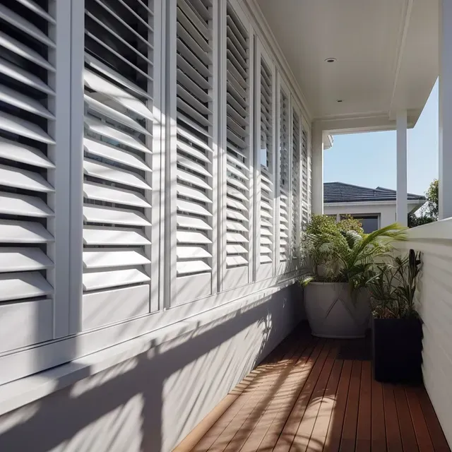White shuttered house windows beside a wooden deck with potted plants in bright sunlight