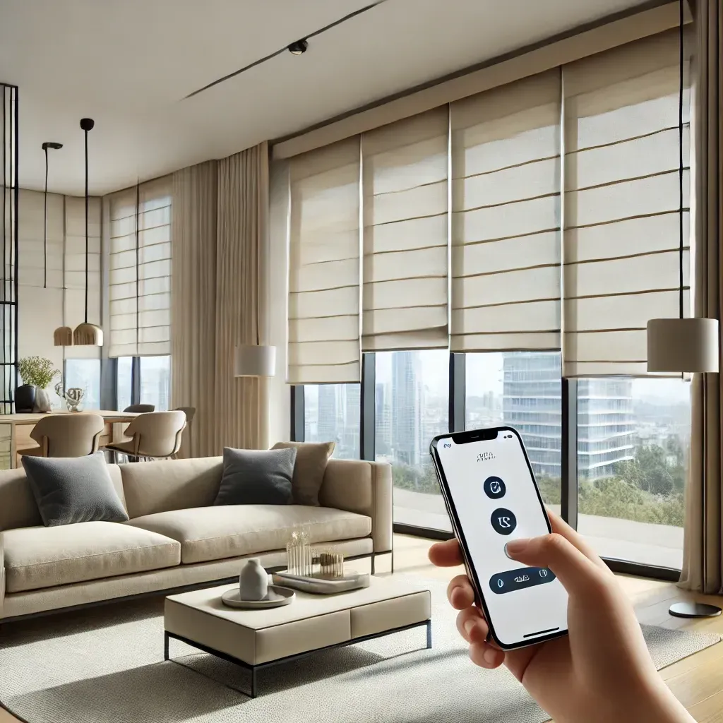 Smartphone controlling a modern living room with beige sofa, tall windows, and city view