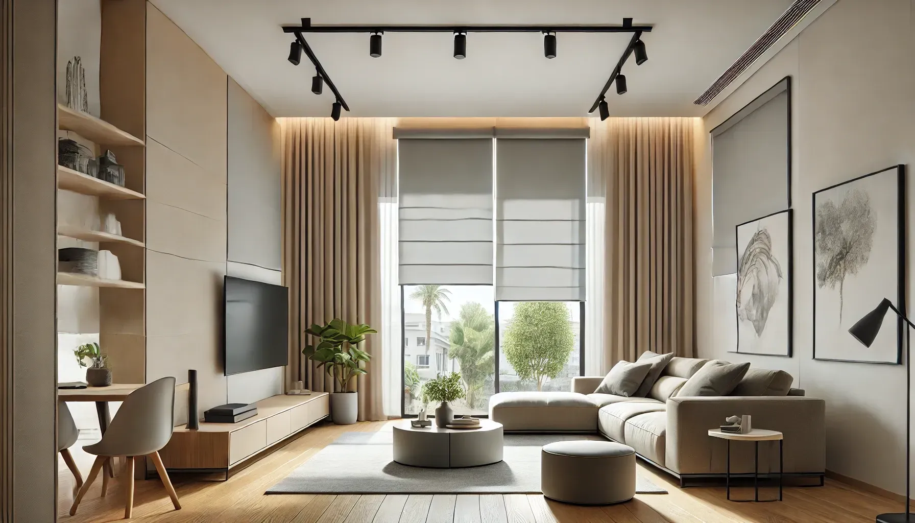 Modern living room with beige sofa, round coffee table, floor-to-ceiling windows, and warm neutral decor