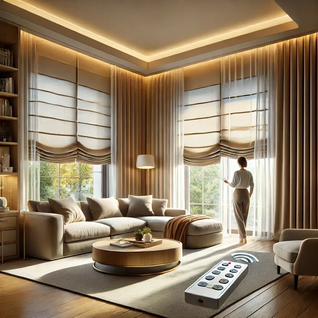 Elegant living room with beige sofa, round coffee table, and a person by the window adjusting blinds.