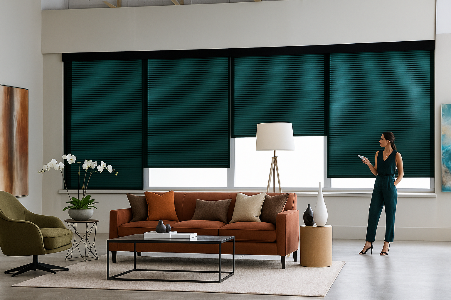 Modern living room with teal blinds, tan sofa, floor lamp, and a woman standing by the window.