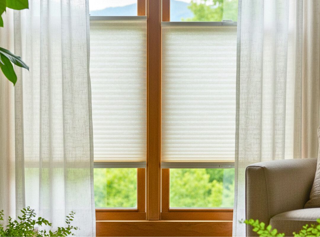 Sheer curtains framing a bright window with white blinds and a partial beige chair indoors
