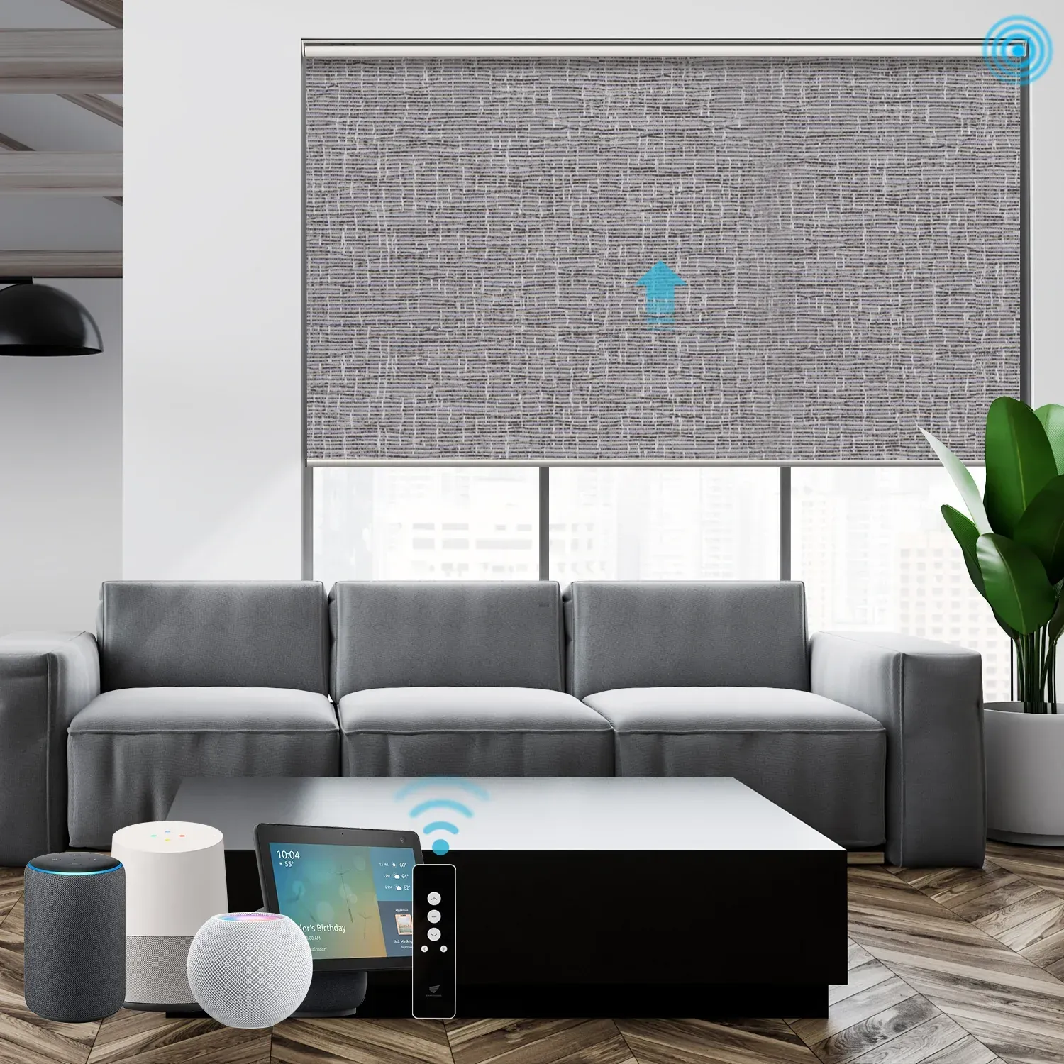 Modern living room with a gray sofa and smart devices in front of a large window blind