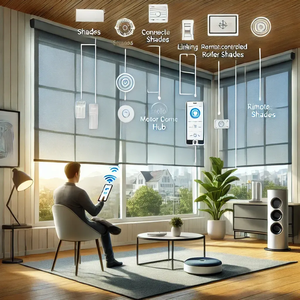 Smart home living room with blinds, a person using a tablet, and connected lighting, speaker, and robot devices